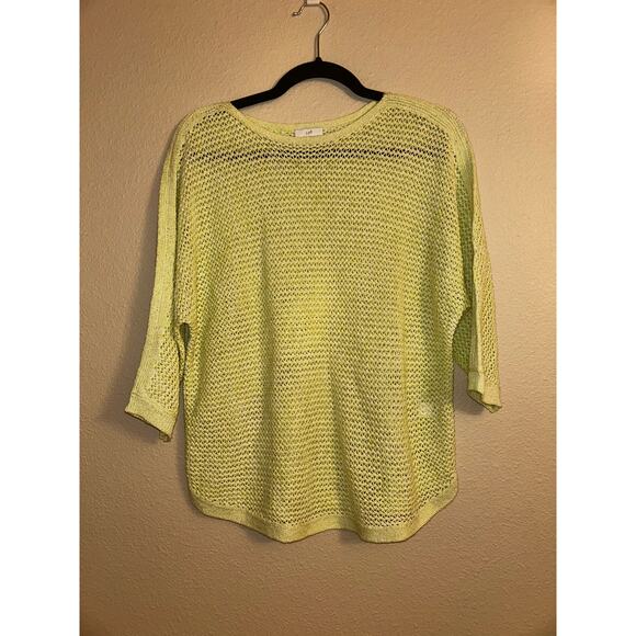 J jill Crochet Mesh Beachy CoastalCore Summer Yellow Greenish Ribbed 3/4 Sleeve - Picture 1 of 10
